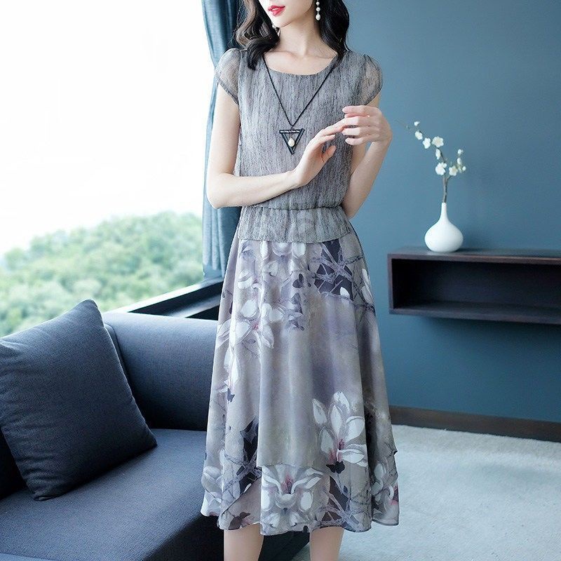 Dress korea gaun rok rok A Line b rok sifon rok motif