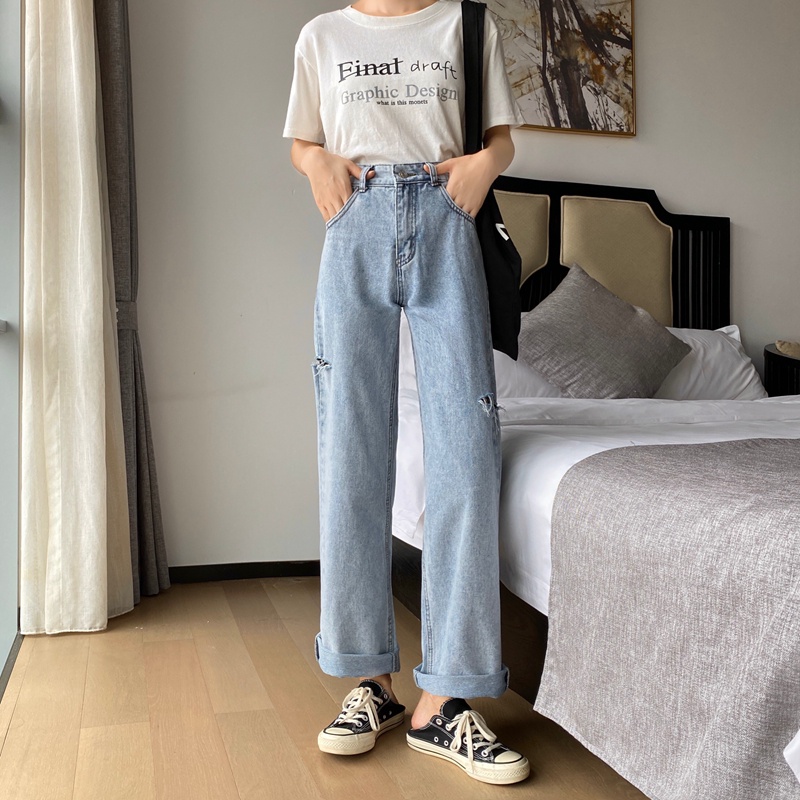 korean new vintage high waist longgar boyfriend celana robek kulot jeans panjang wanita