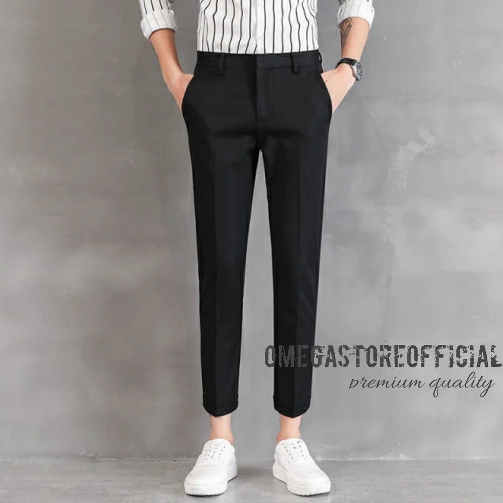 OMEGASTOREOFFICIAL - Celana Bahan Formal Dasar Slim Fit Panjang Pria High Premium Quality - Hitam