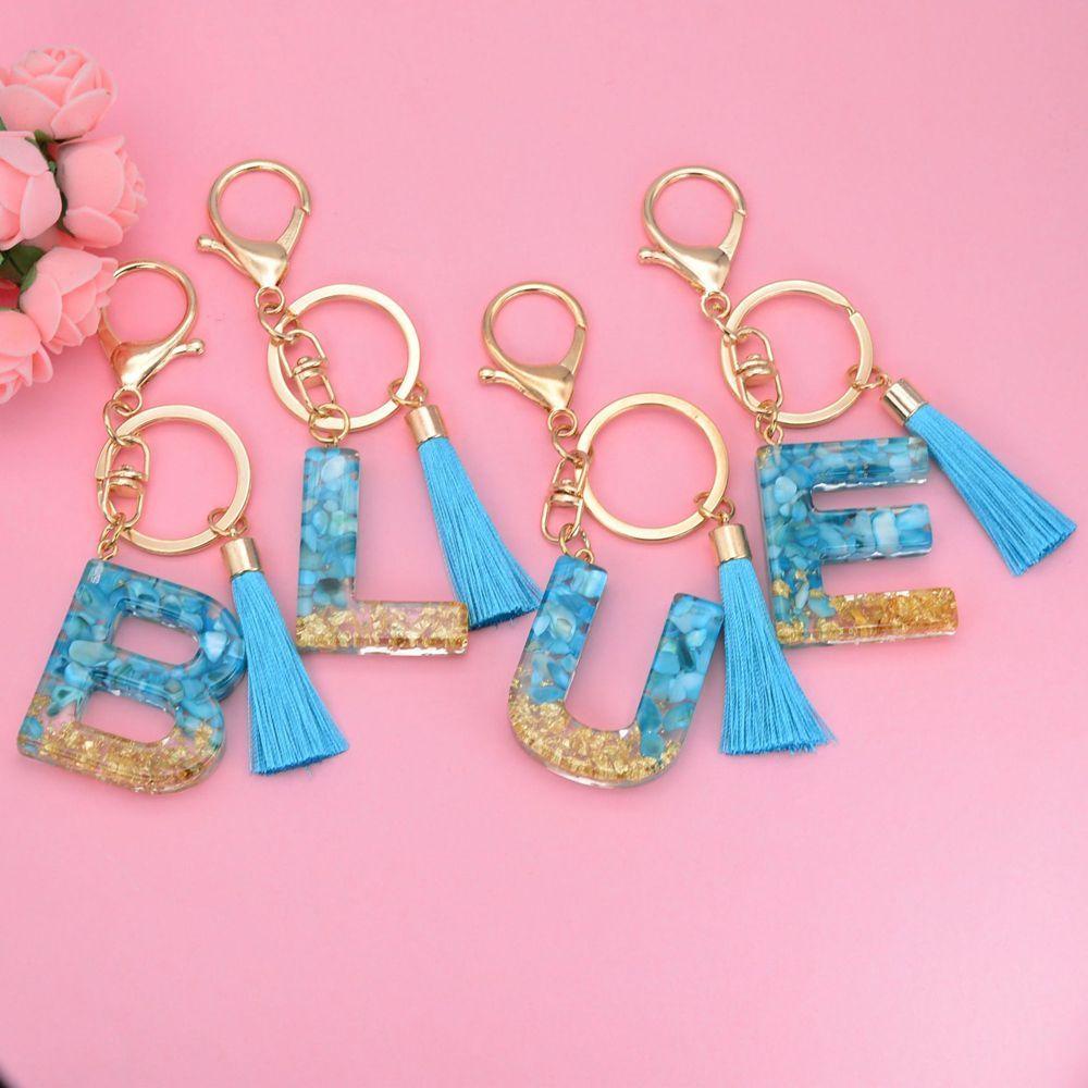[Elegan] 26huruf Gantungan Kunci Resin Fashion Aksesoris Biru Rumbai Liontin Ornamen Kristal Alfabet Key Chain