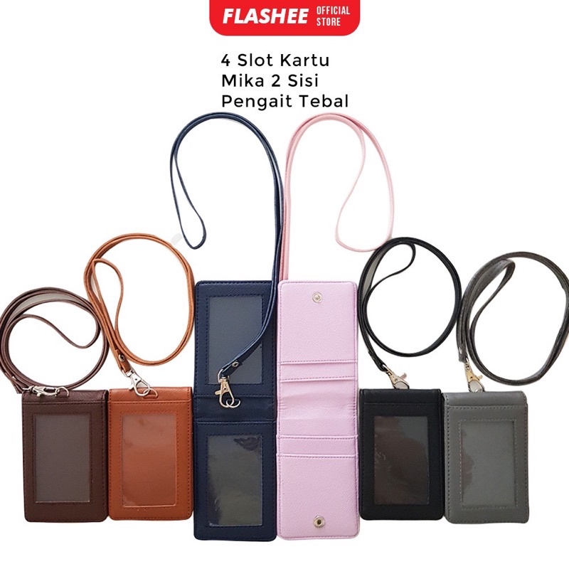 

Lanyard ID Card Holder Name Tag Kulit Dua Sisi Bolak Balik Mika Kancing Termurah Berkualitas