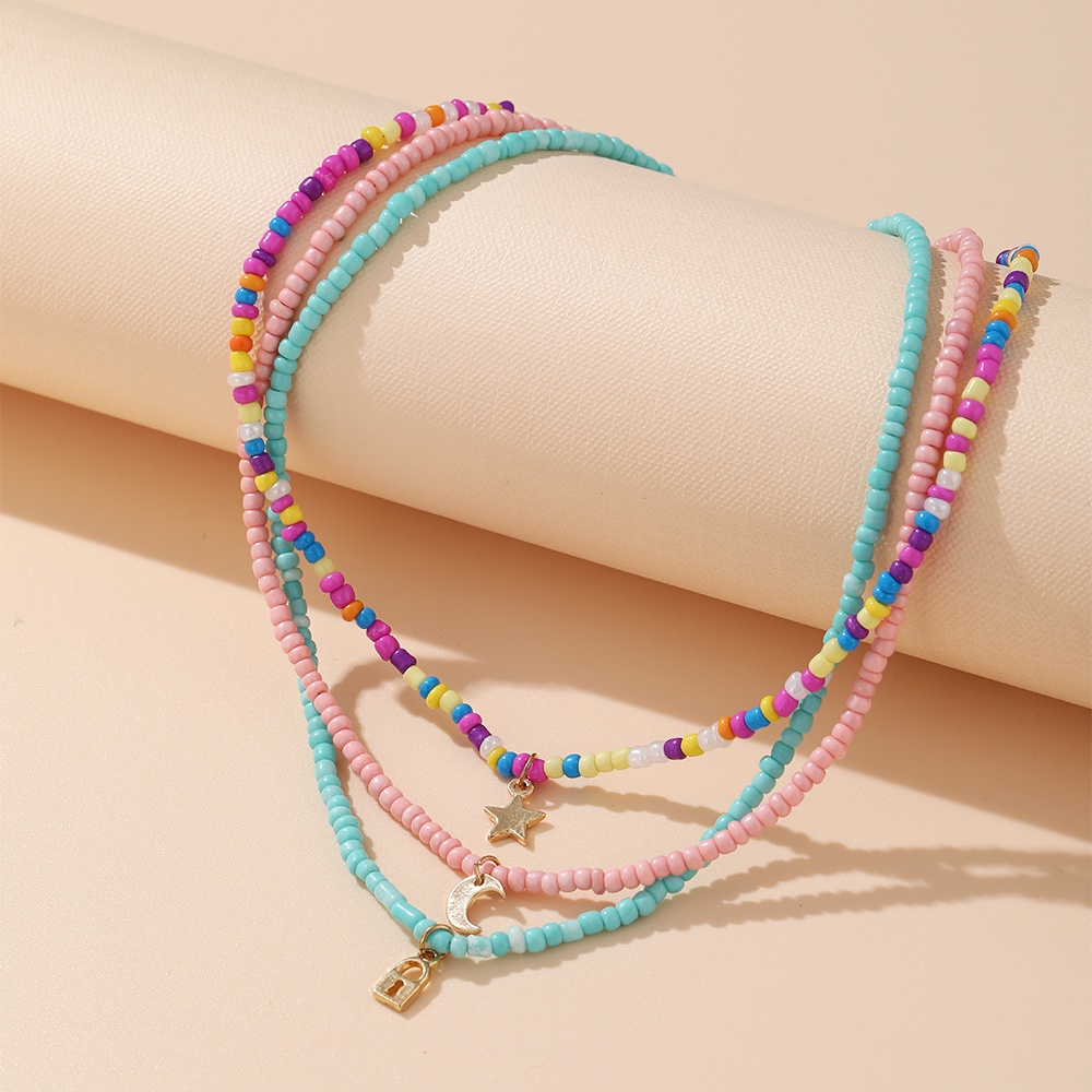 YEEZII Bohemian Retro Colorful Beads Multilayer Necklace Star Moon Lock Pendant Fashion Jewelry Accessories