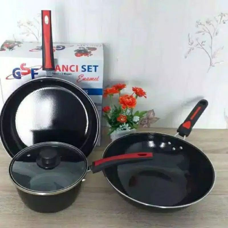 Panci ,  2630 ,  Panci Set Enamel   , Frypan Tutup kaca Wajan Wok Dan Saucepan