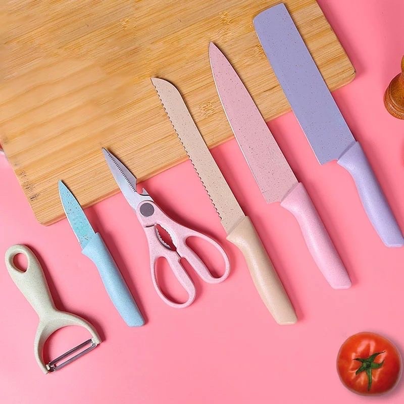Pisau dapur set stenliss anti lengket / paket pisau macaron 6in1 kitchen knife