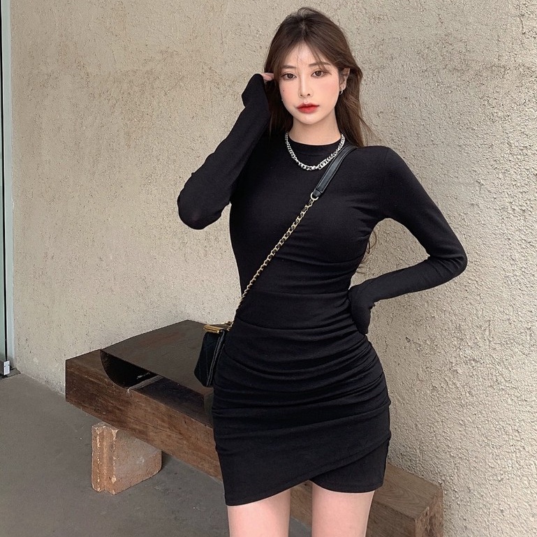 Long Sleeve Mini Dress Bodycon Dress Wanita Lengan Panjang 1130 (S-XL)