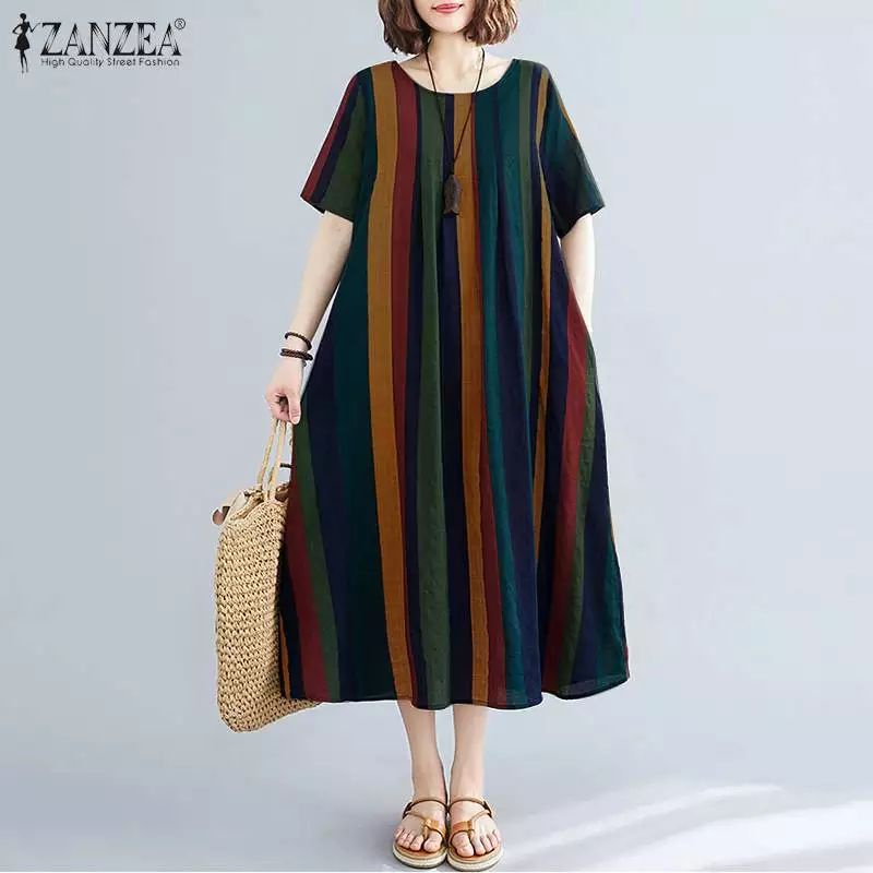 ZANZEA Dress wanita Casual motif garis-garis lengan pendek Dress jumbo S-5XL Terbaru