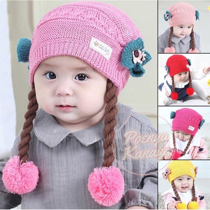 Topi Kupluk Bayi Rajut KEPANG BABY Cute Pompom Pita Rajut Lucu Size 0-1 tahun TP23