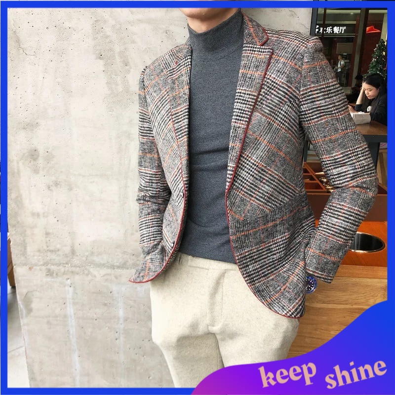 Blazer Casual Pria Slimfit Wool Blend Tweed  Blazers Men  Antumn Winter Jacket Men's Plaid Suit Jack
