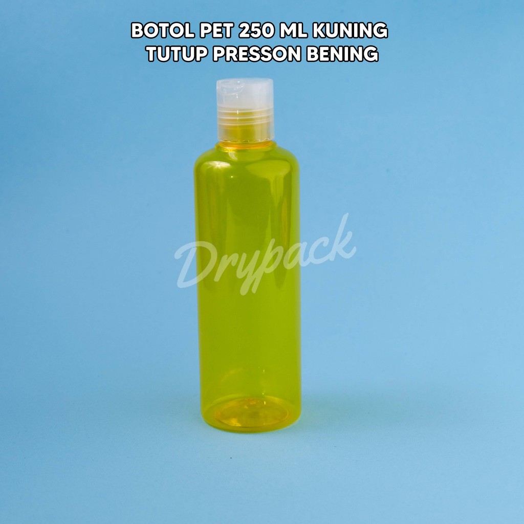 BOTOL PET 250 ML ROUND KUNING TUTUP PRESSON / PRESSTOP / DISCTOP