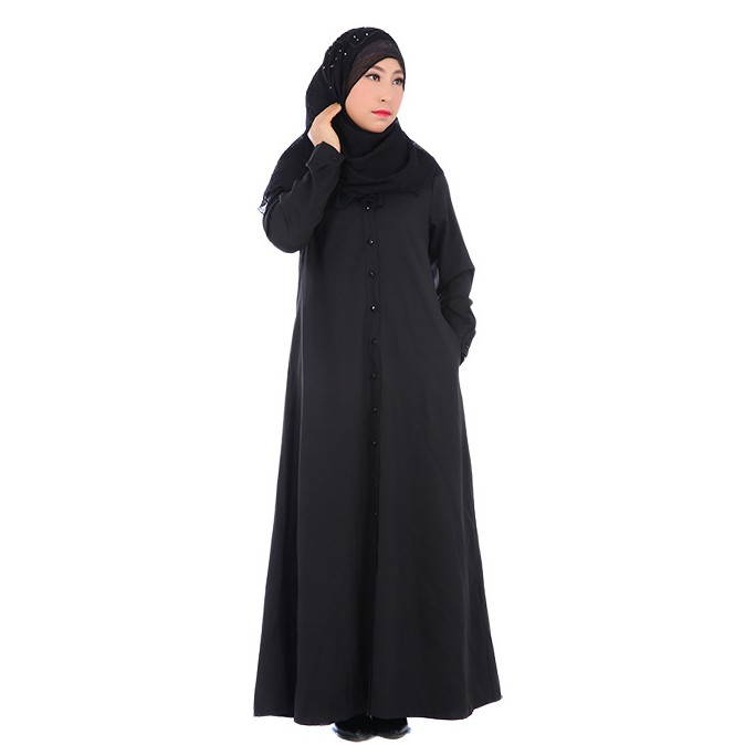 Fashion Wanita: Long Dress Muslim Lengan Panjang dengan Kancing, Warna Polos