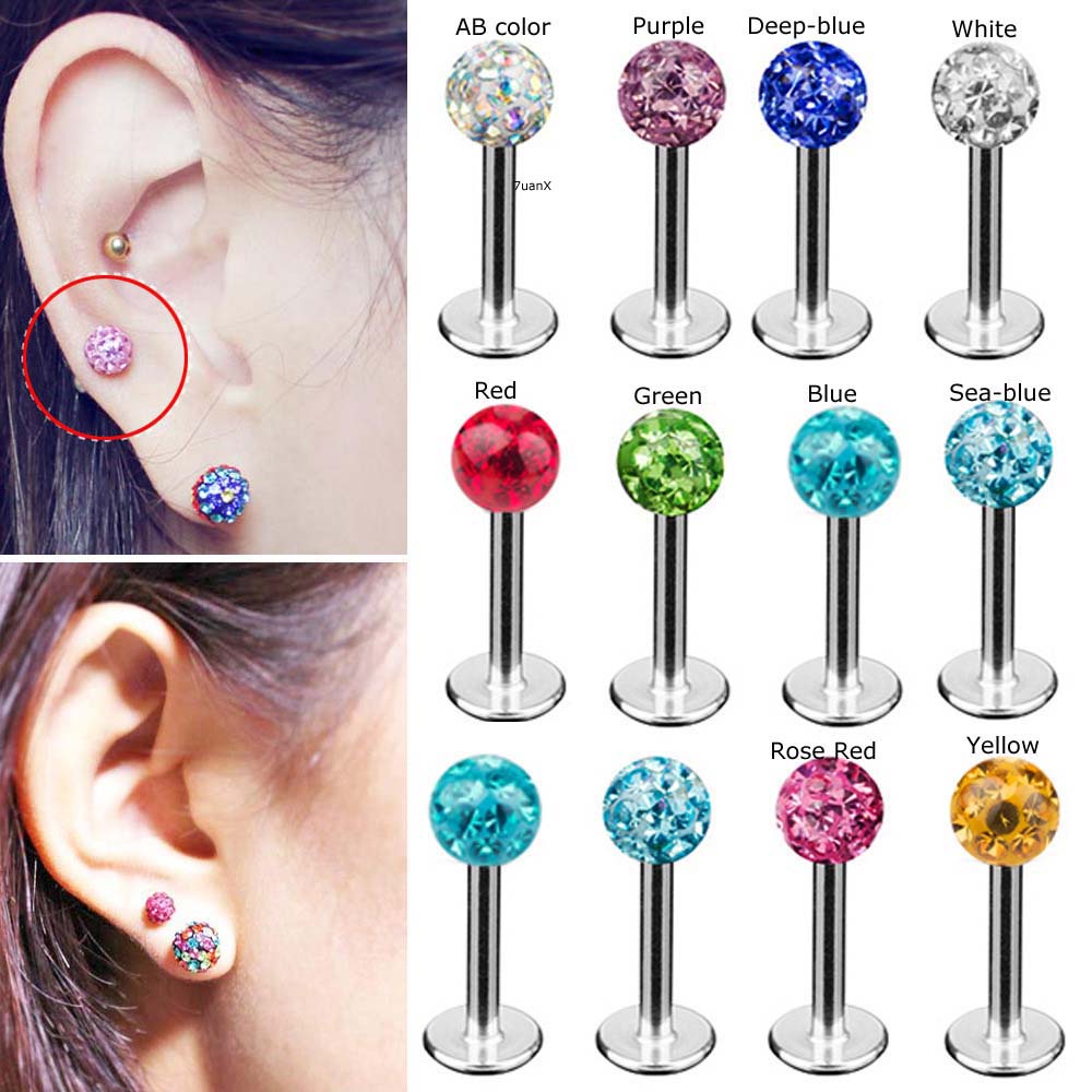 1 Piece Titanium Steel Lip Piercing Stud Helix Upper Lobe Earrings with Rhinestone