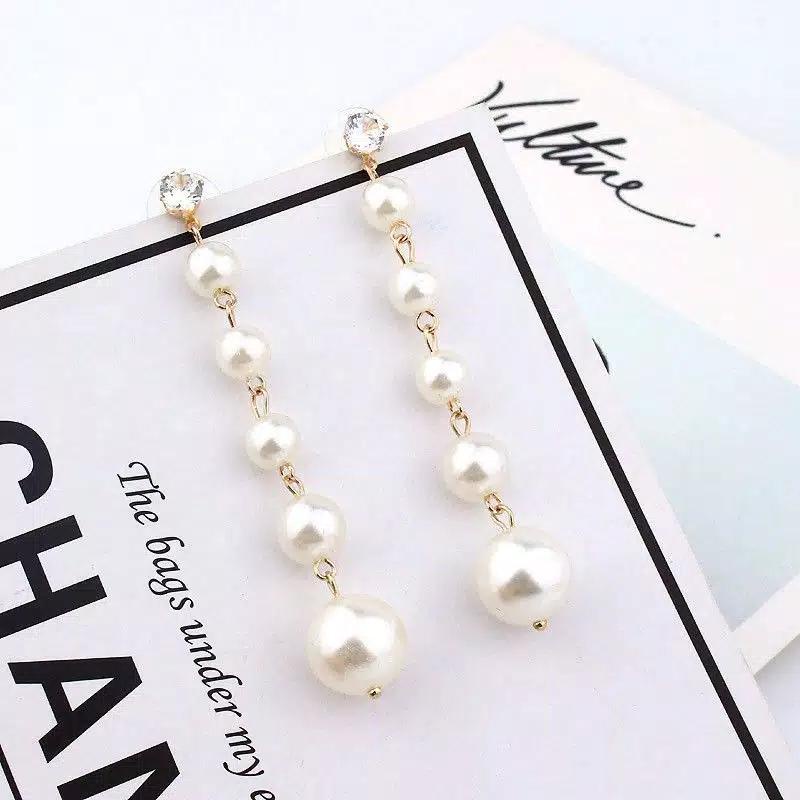 Anting Panjang Elegan Dengan Mutiara + Berlian Imitasi Untuk Wanita JB33