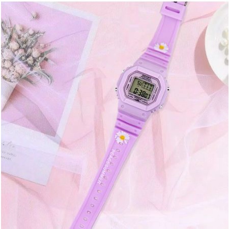 JAM TANGAN DIGITAL WANITA MOTIF BUNGA KOREA STYLE RUBBER-Bunga ungu