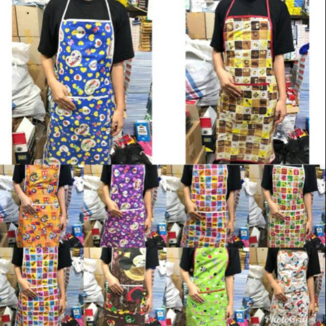 [DEASTORE] CELEMEK MASAK POLOS MOTIF KARAKTER APRON BAHAN KAIN POLIMICRO