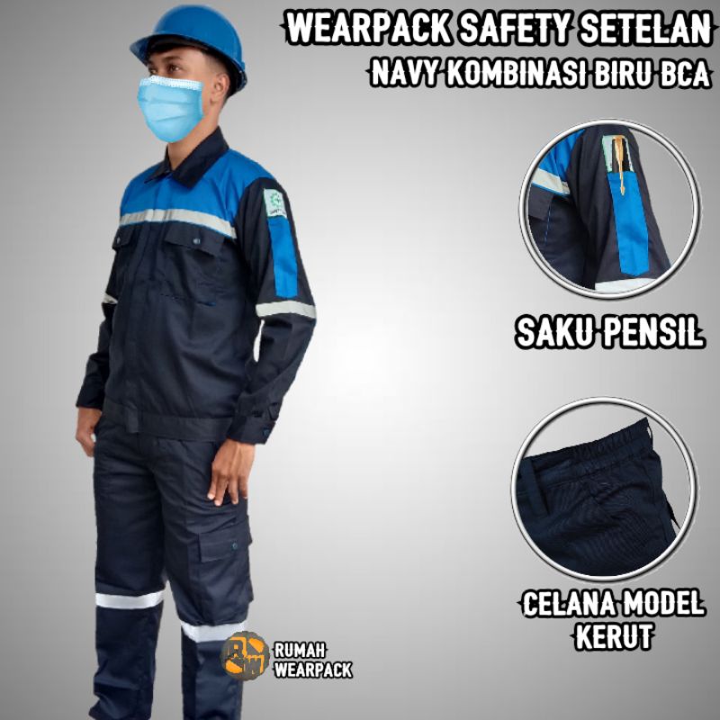 Setelan Wearpack Safety dan Celana Safety Warna Navy Kombinasi Biru BCA