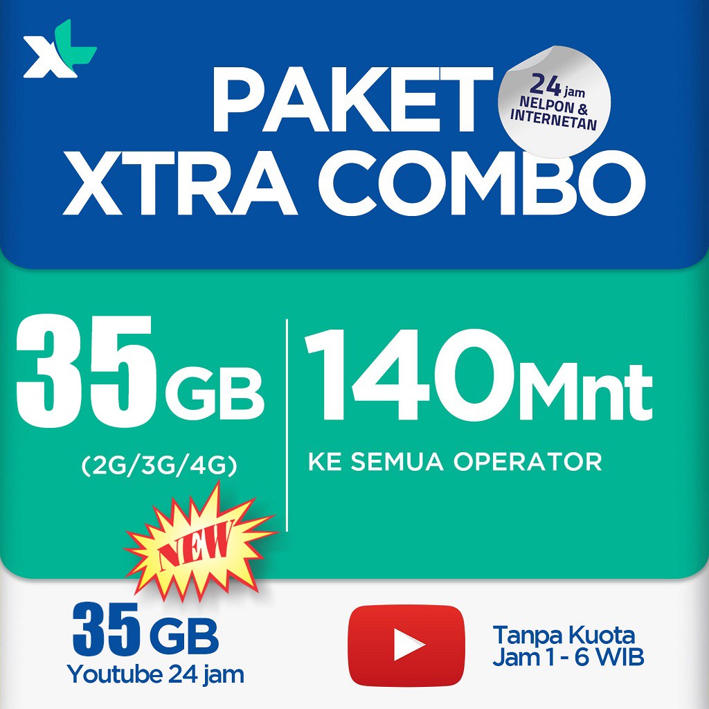 [PROMO] Paket Data XL Xtra Combo 35+35GB (35GB 2G/3G/4G + 35GB YouTube 24 Jam) = Total 70GB