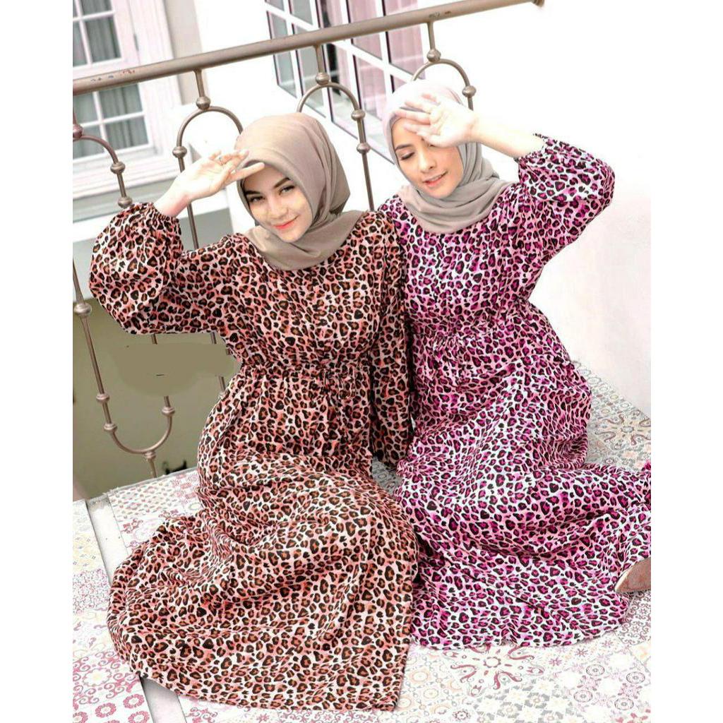 Ayudia Leopard Dress Wanita Rayon Premium Import Gamis Terbaru Lengan Panjang Baju Muslim Kekinian LD 110 cm