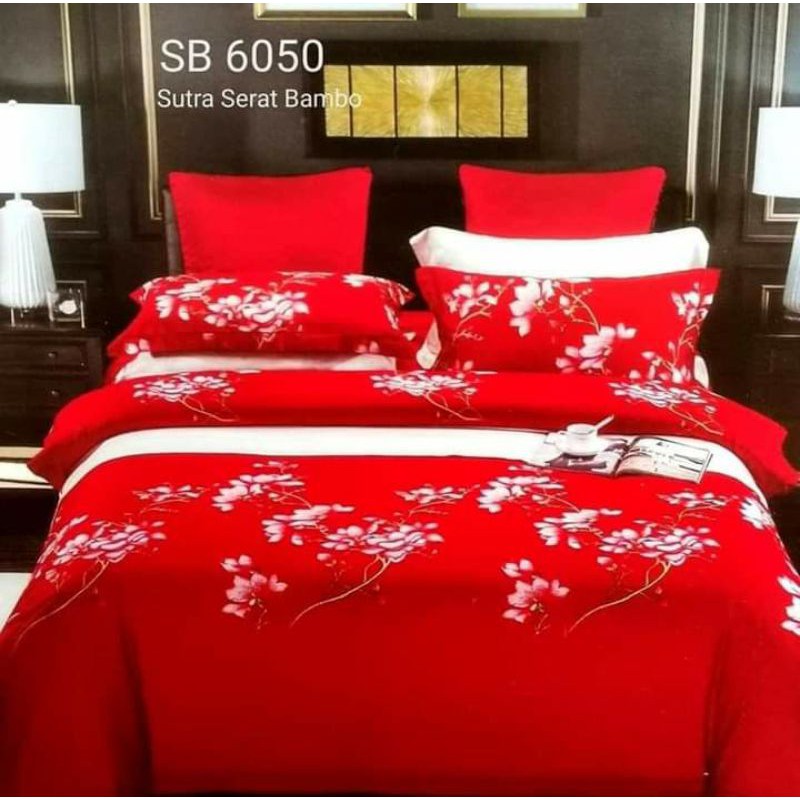 ✨LISA CHIN MEDAN✨ ✔BEST‼ SPREI SET SUTRA SERAT BAMBU WEDDING BUNGA MERAH/SPREI SUTRA SERAT BAMBU EDI