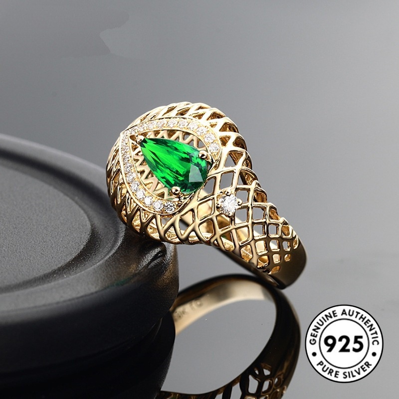 Cincin Lapis Sterling Silver 925 Model Hollow Dengan Emerald Untuk Wanita