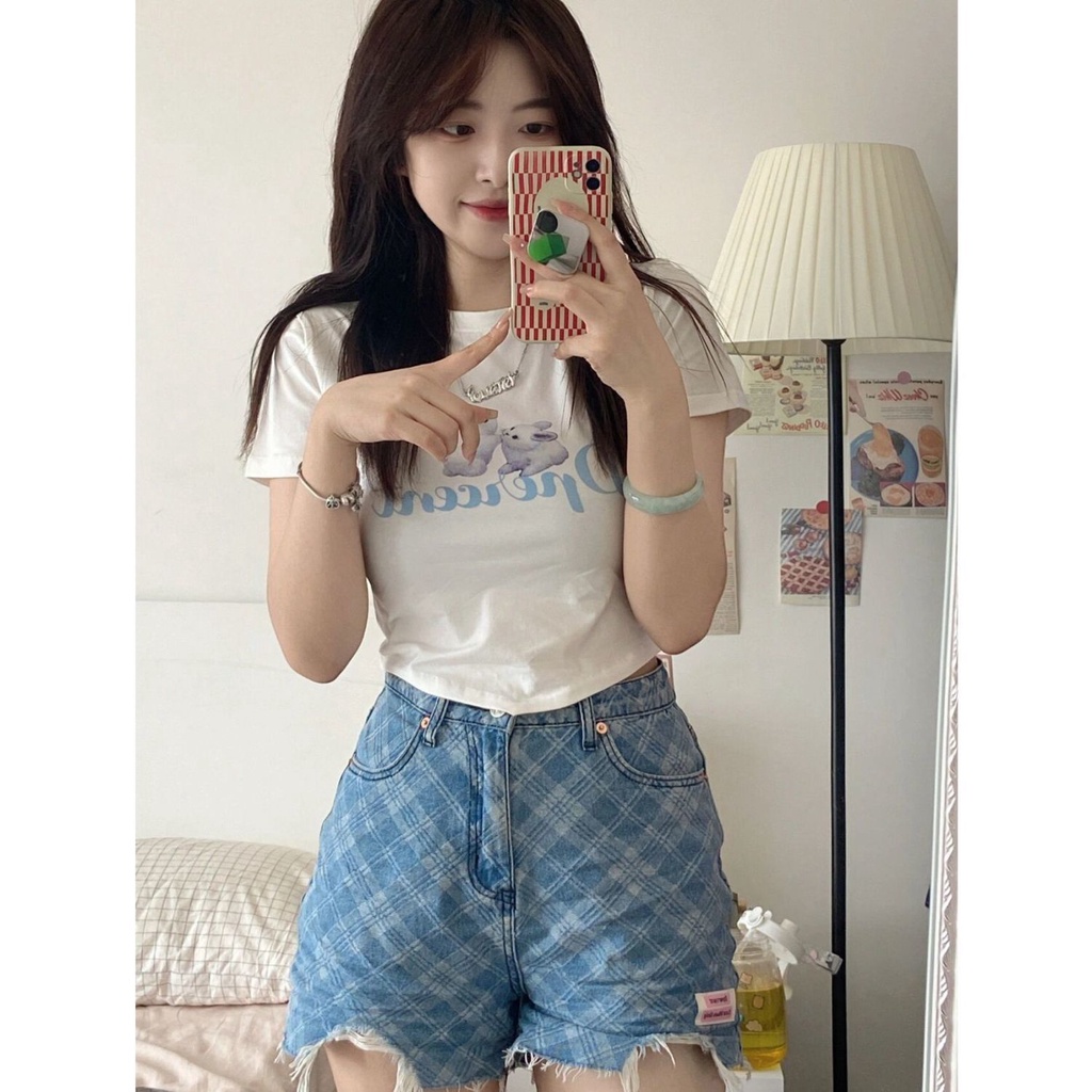 Cetak Kelinci Tidak Beraturan Lengan Pendek T-shirt Wanita Desain Rasa Musim Panas Baru Manis Gadis