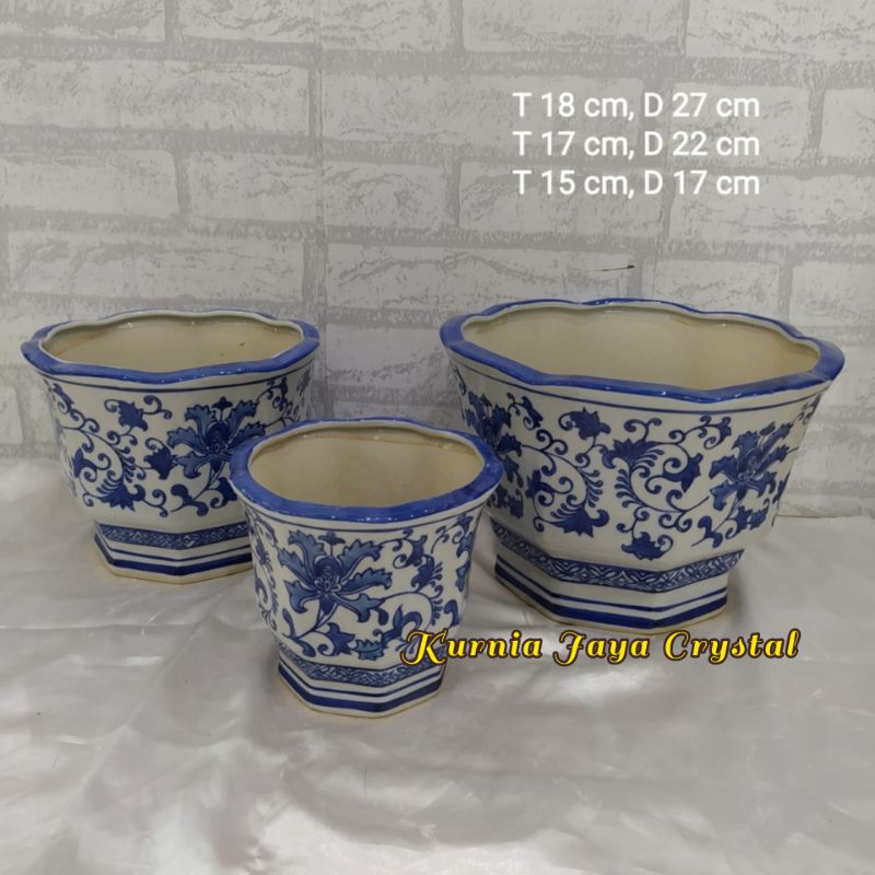 Pot tanaman keramik biru putih set 3 besar/ Pot Bunga Hidup keramik biru putih