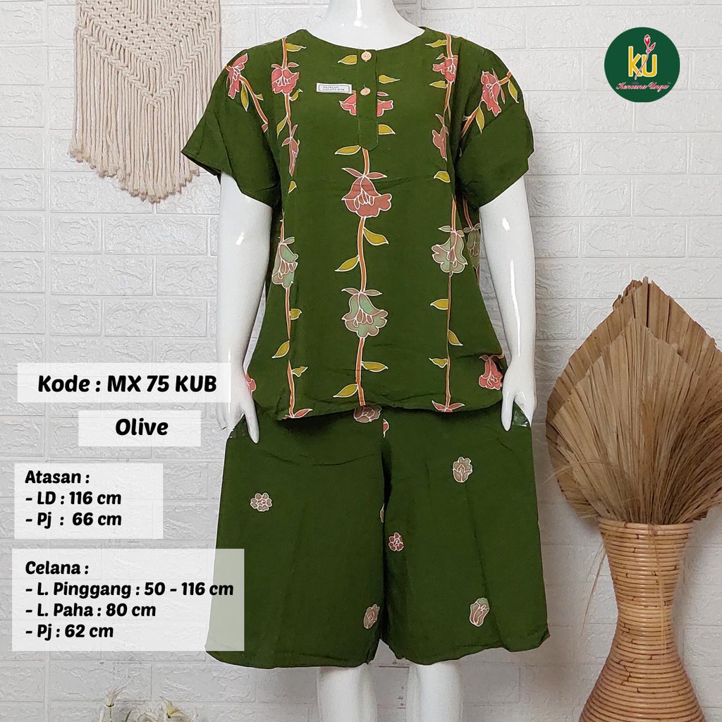 Bisa COD MX75 KUB | Setelan Kulot Celana Pendek Batik Kencana Ungu Asli Label Biru | Baju Santai Piyama Tidur Wanita Kancing Depan Busui Friendly Motif Terbaru-Olive E