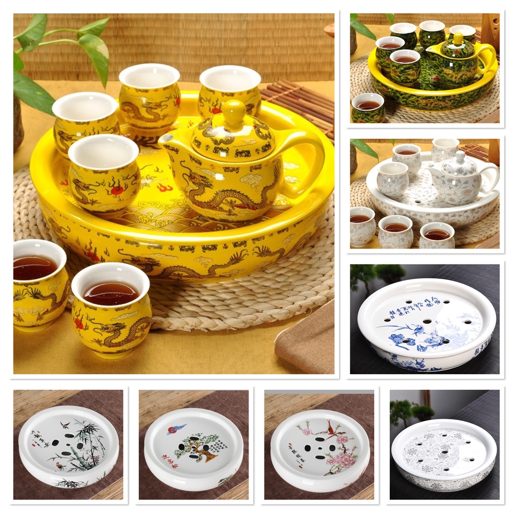 Chinese Tea Set Pot Cup Tray 8 Pcs - Nampan Pot Cangkir Teh Keramik - Chinese Bamboo Ceramic Tray - 
