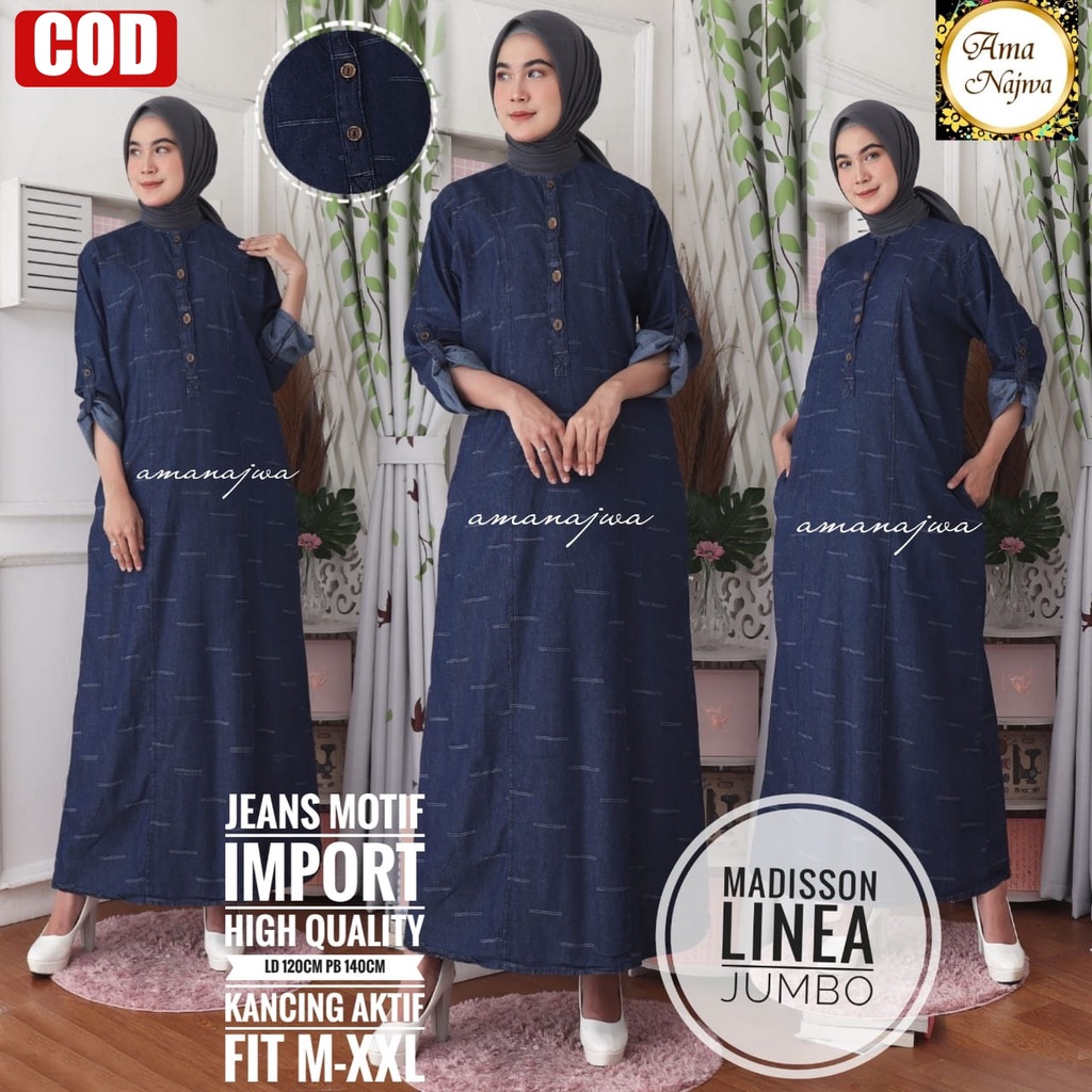 MADISSON Gamis Jeans Import Wanita Jumbo Motif / Gamis Jeans Busui Murah / Gamis Jeans Jumbo LD 120