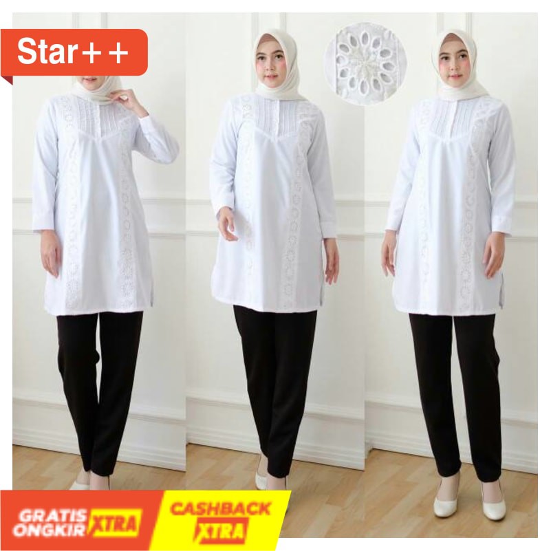 FASHION WANITA ATASAN MURAH STYLE KOREAN KEREN BARU / Baju Atasan Wanita Tunik Putih Kombinasi Renda