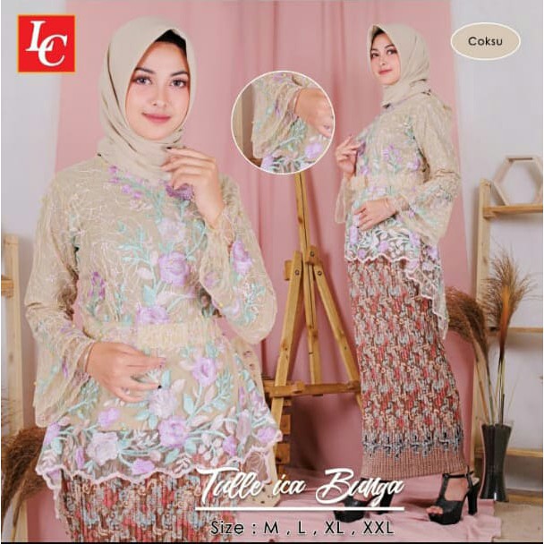 Promo set kebaya tulle bordir timbul pinquin / set kebaya pinquin /set kebaya anak muda