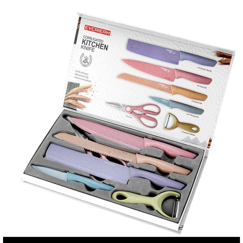 SET PISAU GUNTING DAPUR 6 IN 1 Premium Multicolor Kitchen Knife Set