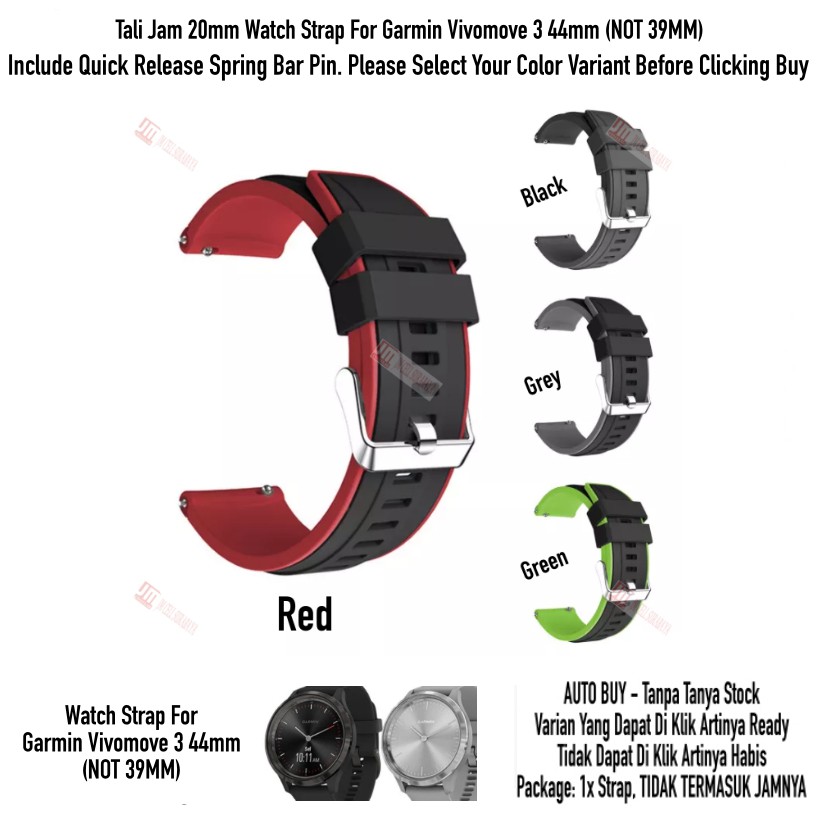 SSR Tali Jam 20mm Watch Strap Garmin Vivomove 3 44mm (BUKAN 39MM) - Rubber Silikon Sporty