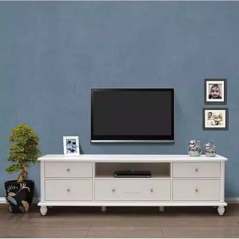 BUFET MEJA TV MINIMALIS ELEGAN UKURAN 160 CM / LEMARI TV MAHONI DUCO PUTIH PENYIMPANAN MULTIFUNGSI