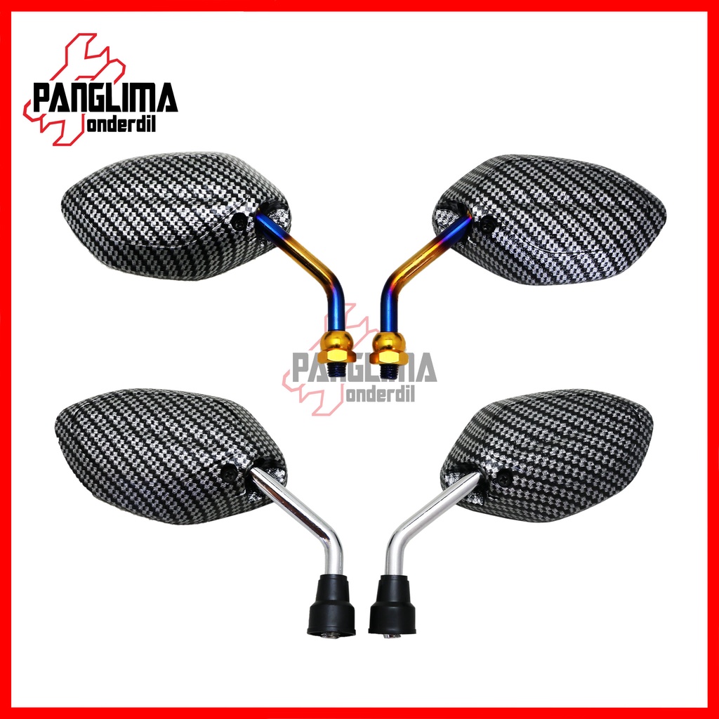 P5-Spion Mini Karbon Model Beat Gagang Twotone-Chrome Motor Honda Drat Kanan Baut 14 Kaca-Set Variasi Kecil Carbon Vario-Scoopy-Spacy-Revo-Grand-Supra