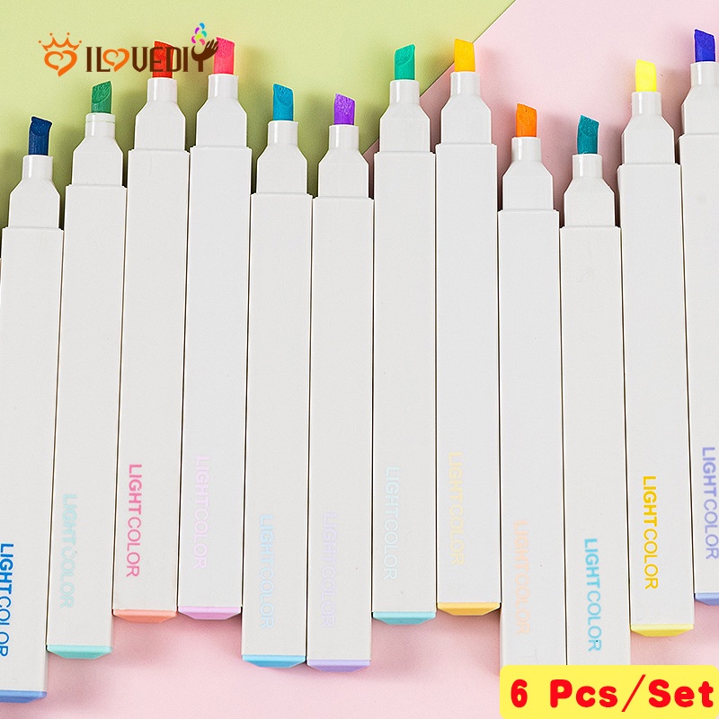 6pcs / Set Spidol Highlighter Ujung Kotak Aneka Warna Terang