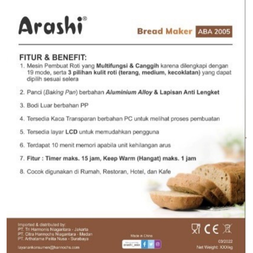 Arashi Bread Maker ABA 2005 Mesin Pembuat Roti ABA2005