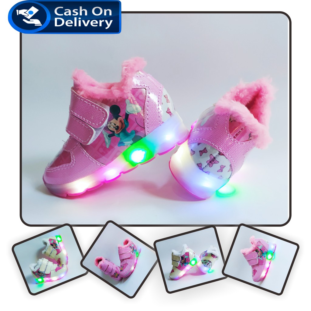 Sepatu Sneakers Anak Perempuan LED MICKEY Boot bulu / Sneakers Anak MENYALA Best Seller