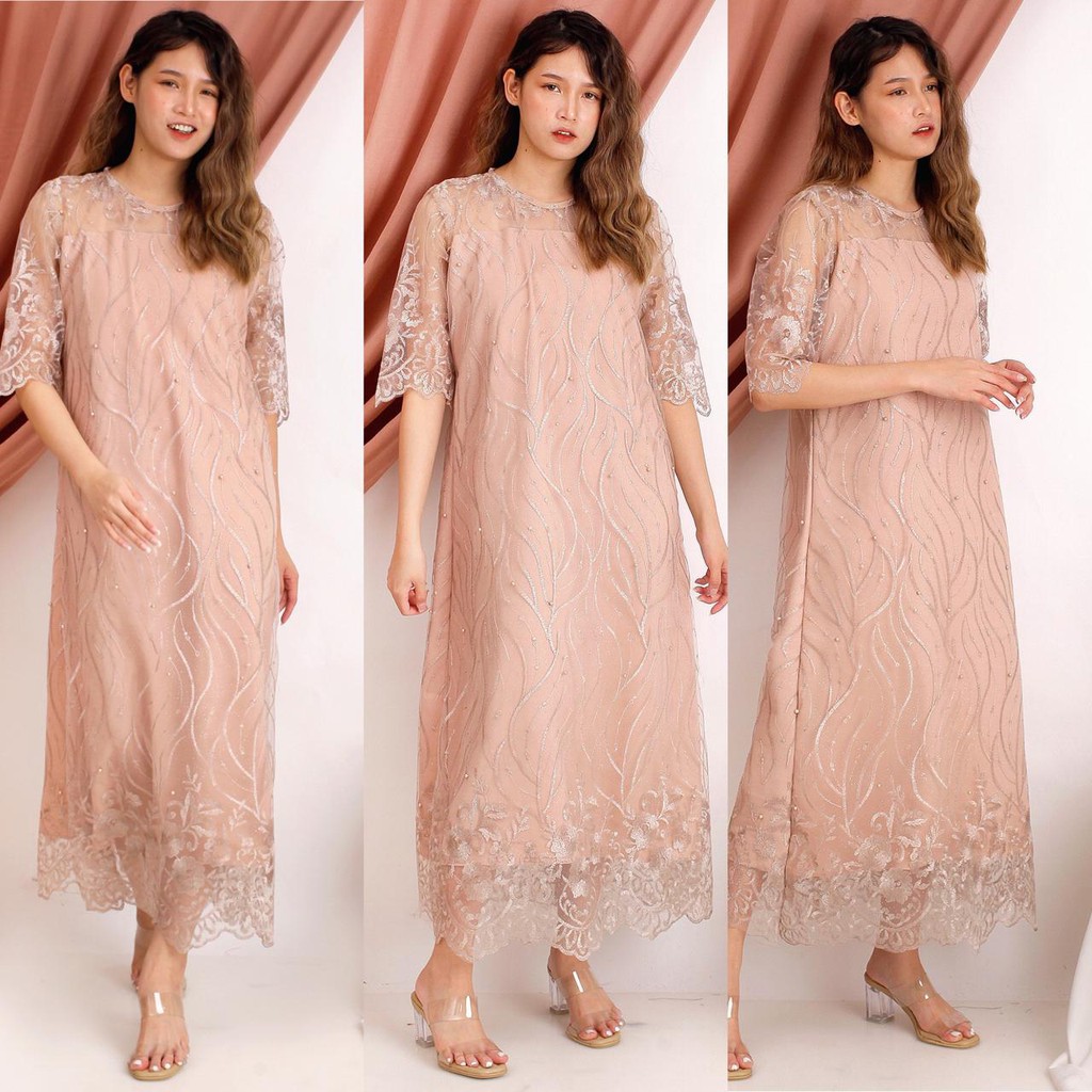 Diana Long Dress Brukat Tile Bordir Gliter Mutiara Brokat Tulle Dres Pesta 7 WARNA TERMURAH