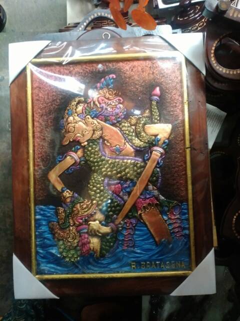 TERMURAH! Lukisan Timbul 3D Relief Gambar Wayang Raden Bratasena 42x32 cm Dekorasi Souvenir Jogja