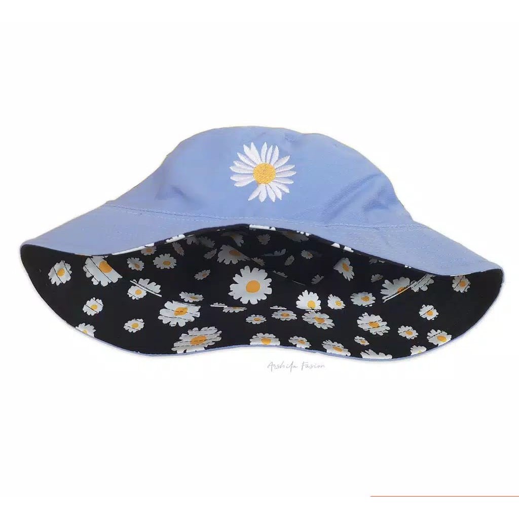 Topi Bucket Dua Sisi Anti Uv Motif Bordir dan Sablon Bunga Daisy Bahan Drilll / Daisy 002-Biru Muda Anak
