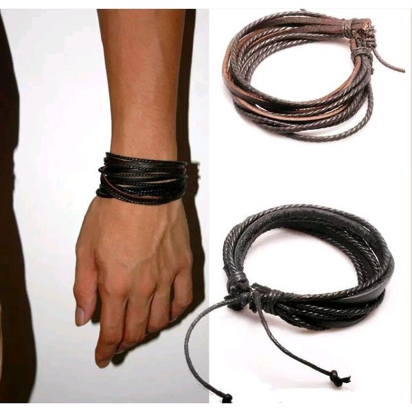 GELANG KULIT TALI ETNIK HITAM LEATHER PRIA WANITA