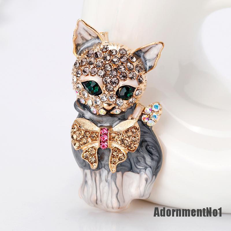 (Adornmentno1) Bros Pin Enamel Bentuk Kartun Kucing Mata Hijau Aksen Kristal Untuk Aksesoris Tas