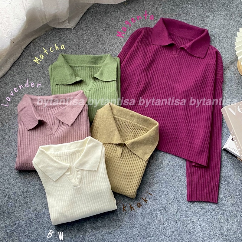 Aeris Polo Knit Crop Blouse Atasan Rajut Premium Wanita