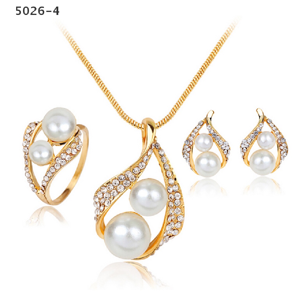 5026-4 Set Kalung + Anting + Cincin Kristal + Mutiara Untuk Pesta Pernikahan