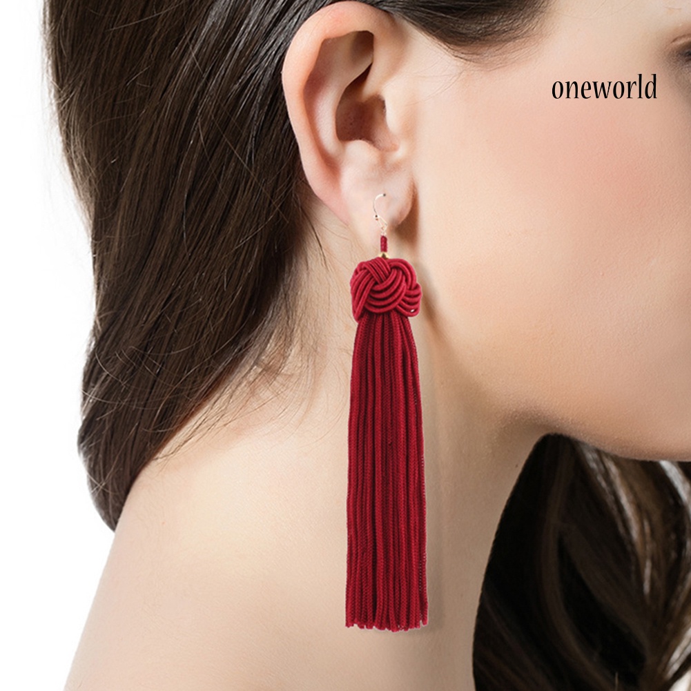 OW@ Bohemian Women Woven Knot Long Tassel Dangle Hook Earrings Statement Jewelry