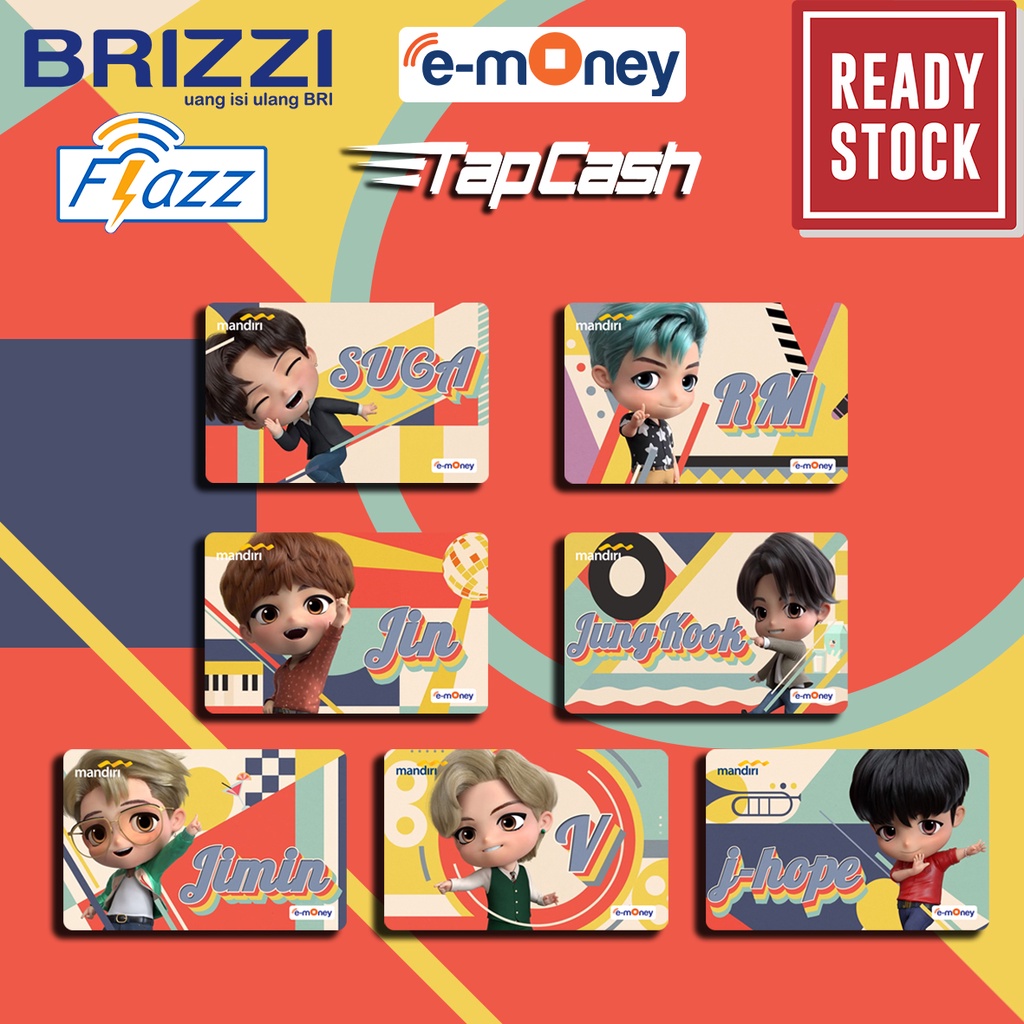 Emoney mandiri flazz bca gen 2 brizzi tap cash custom BTS TINY TAN ARMY jimin, jungkook, v, rm, j-hope, jin, suga kartu e toll free edit 1 sisi atau 2 sisi cocok untuk komunitas dan souvenir