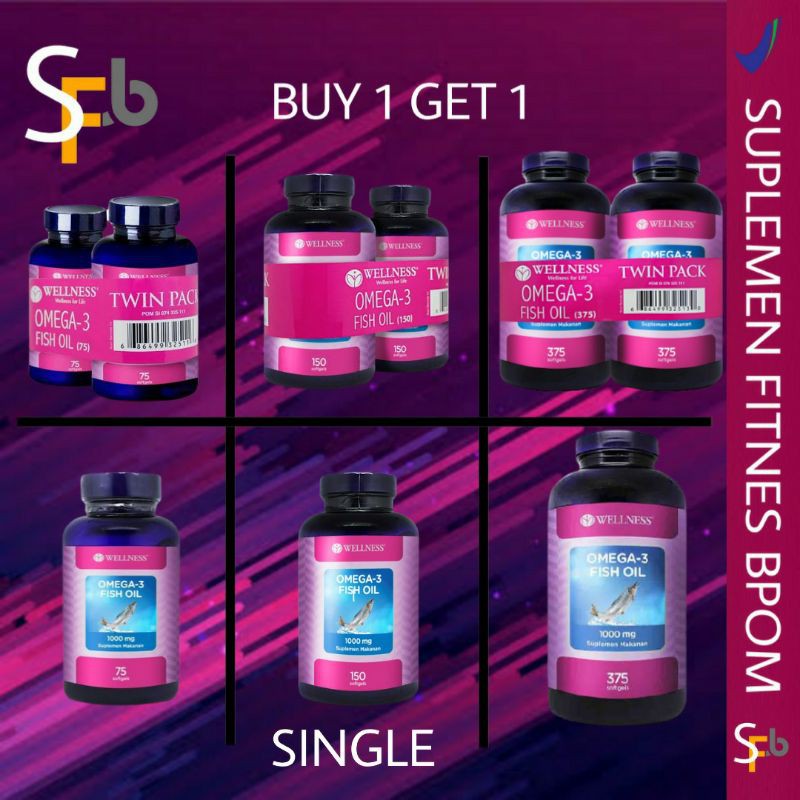 WELLNESS OMEGA 3 FISH OIL 1000 MG ISI 75 150 375 SOFTGEL SERVING BUY 1 GET 1 FREE BUY 1 GET 2 SINGLE BPOM