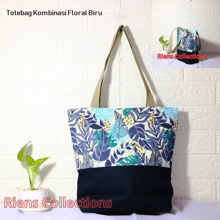 TAS KANVAS TOTEBAG KANVAS KOMBINASI MOTIF FLORAL BIRU. Riens Collections