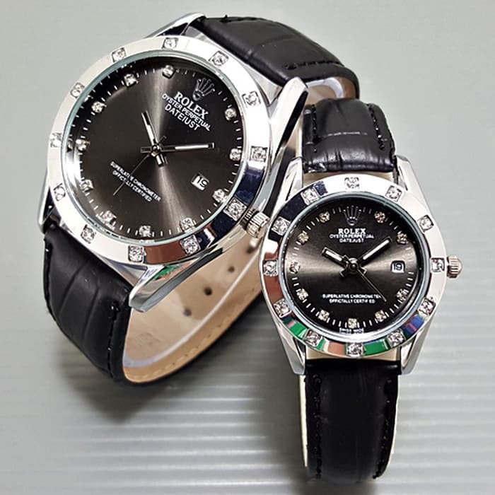 Jam Tangan Rolex Couple Leather Full Black Harga Sepasang