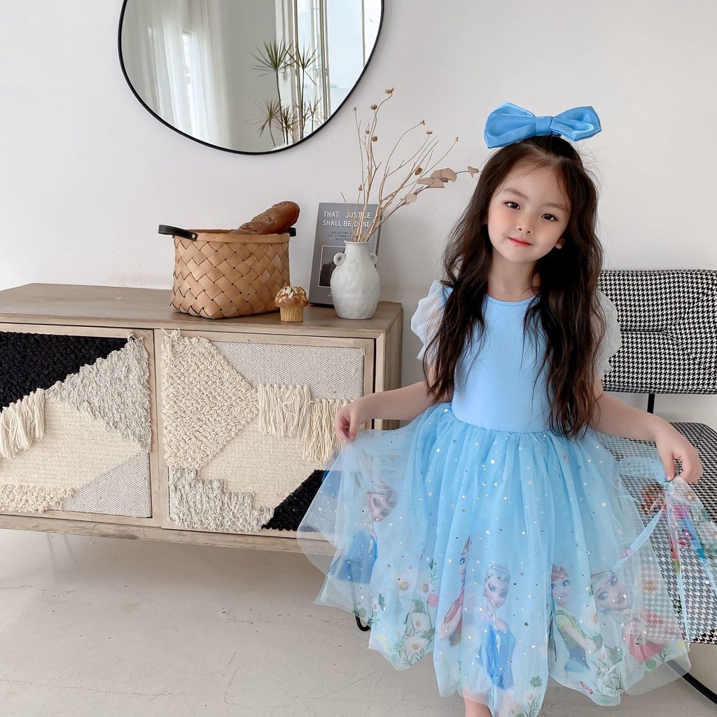 babyfit DESIRA 3-10thn dress anak perempuan frozen polos lengan puff katun cotton dengan rok tutu import ds-815r